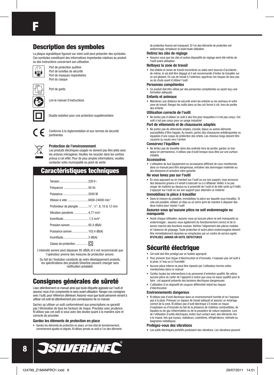 Caractéristiques techniques, Sécurité électrique, Consignes générales de sûreté | Description des symboles | Silverline 2050W 1/ Plunge Router User Manual | Page 9 / 28