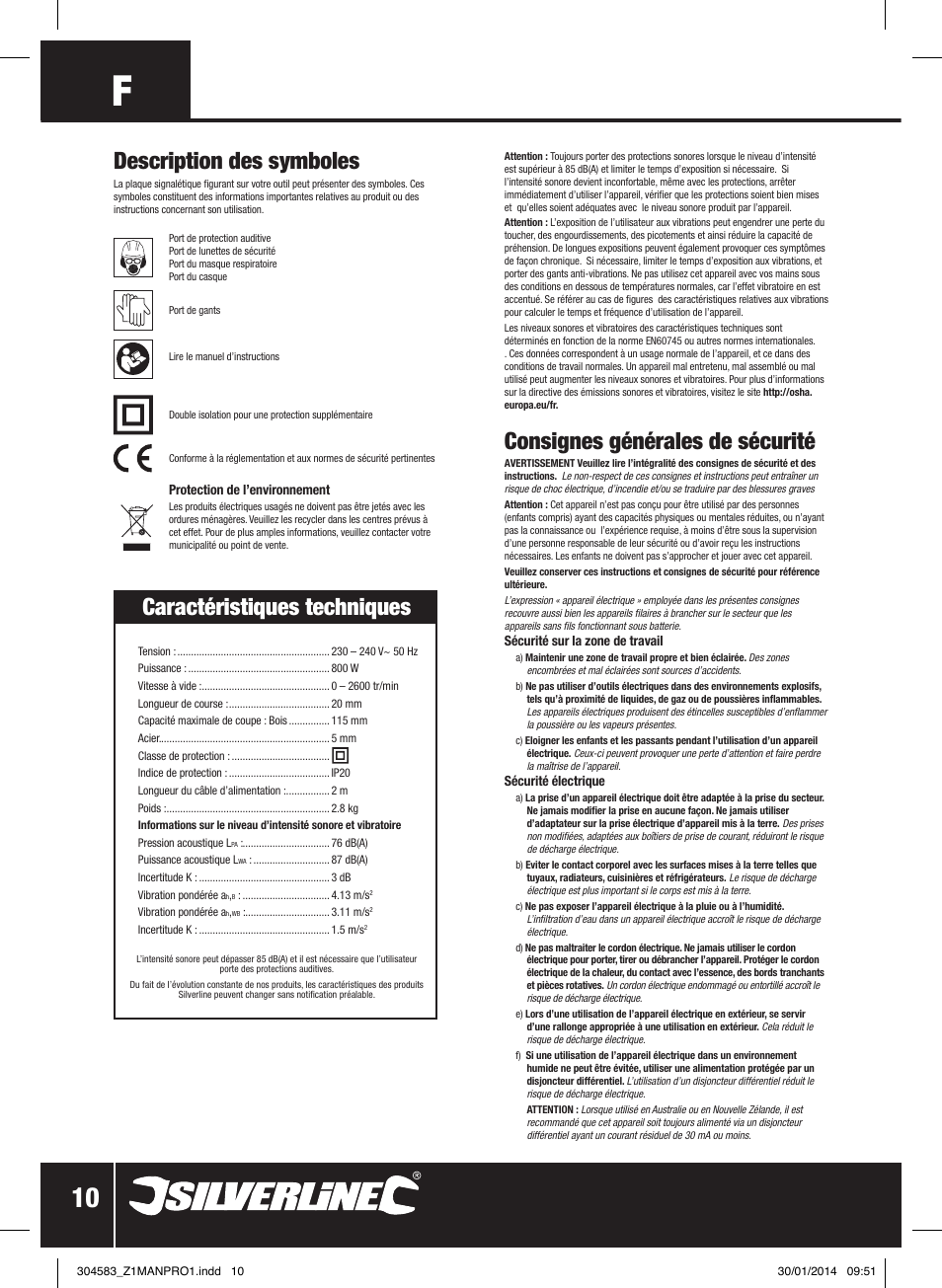 Consignes générales de sécurité, Description des symboles, Caractéristiques techniques | Silverline 800W Reciprocating Saw 115mm User Manual | Page 11 / 40