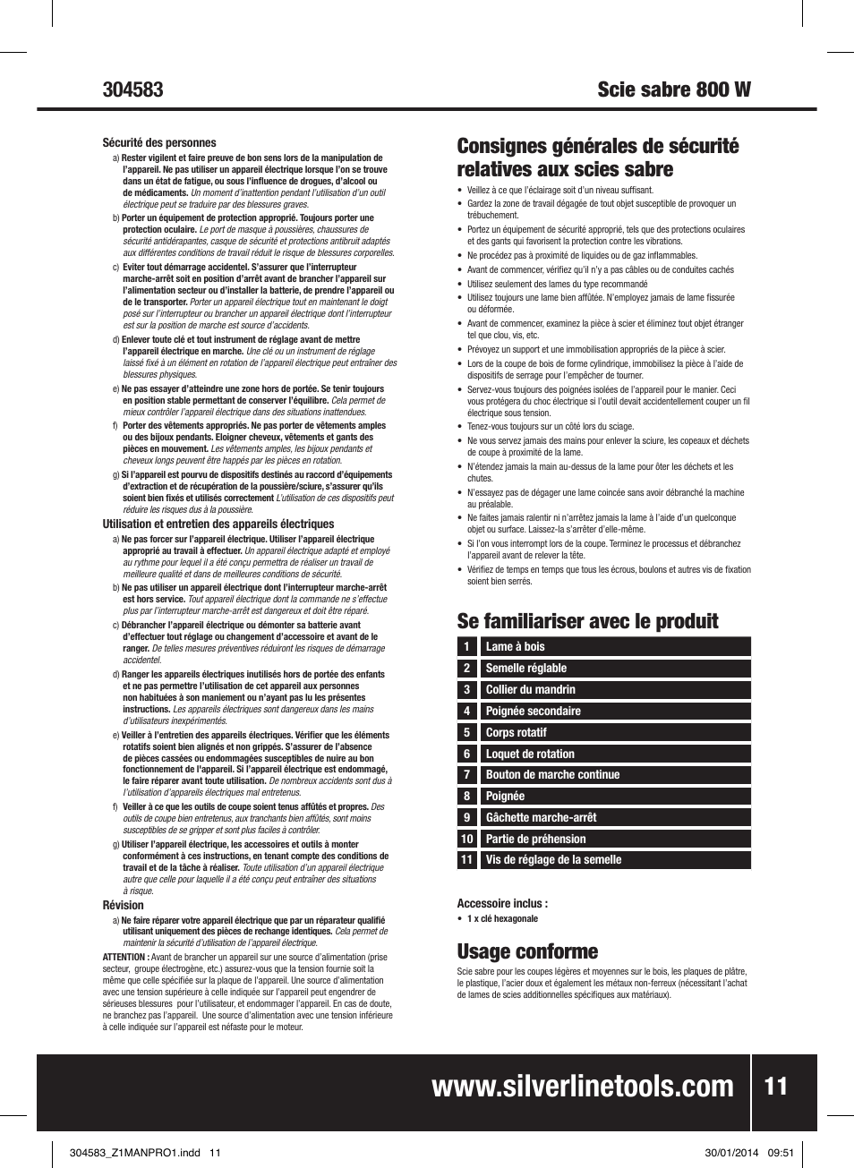 Se familiariser avec le produit, Usage conforme | Silverline 800W Reciprocating Saw 115mm User Manual | Page 12 / 40