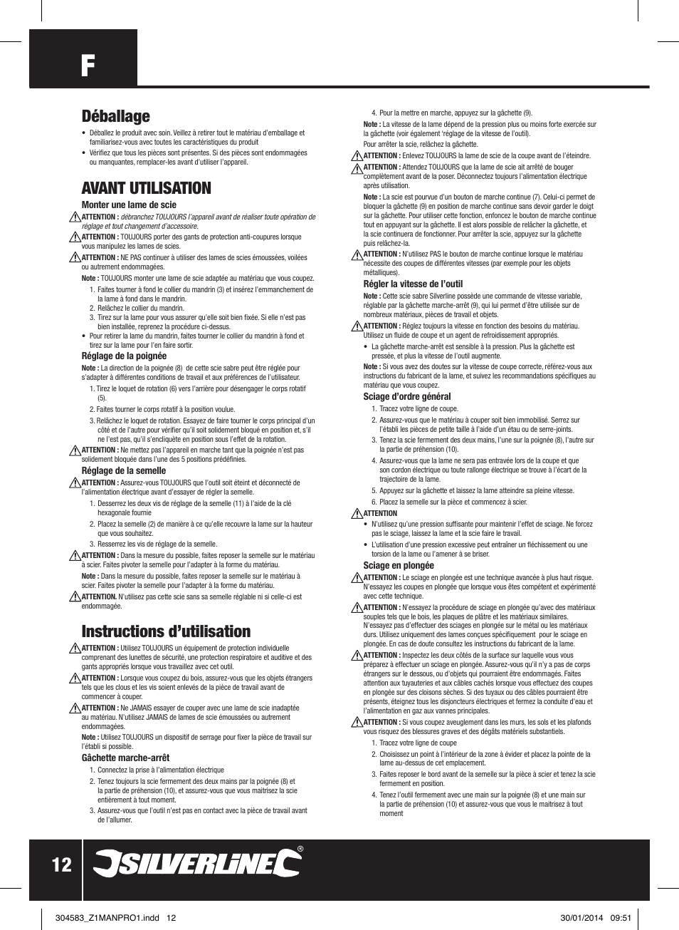 Déballage, Avant utilisation, Instructions d’utilisation | Silverline 800W Reciprocating Saw 115mm User Manual | Page 13 / 40