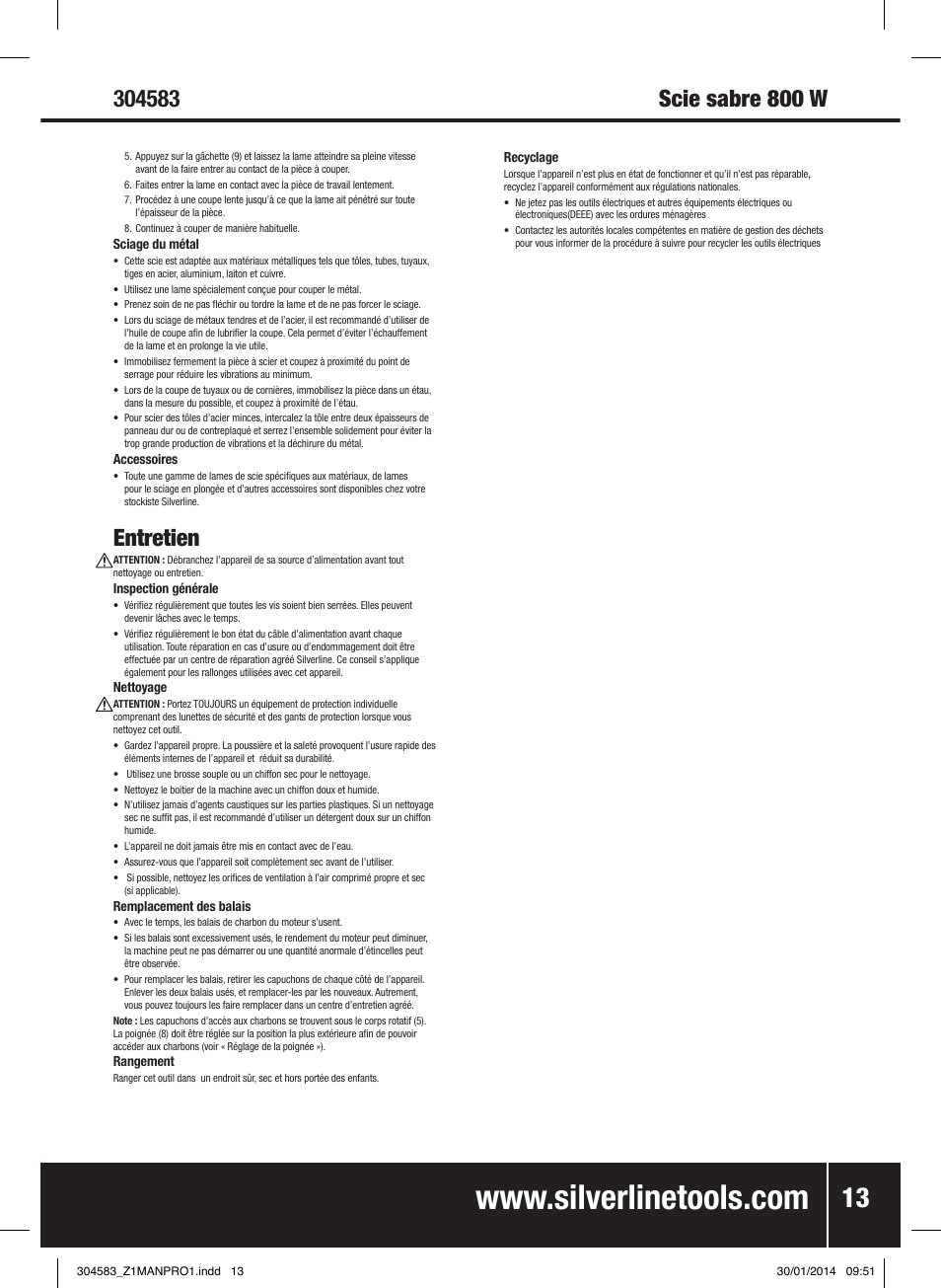 Entretien | Silverline 800W Reciprocating Saw 115mm User Manual | Page 14 / 40