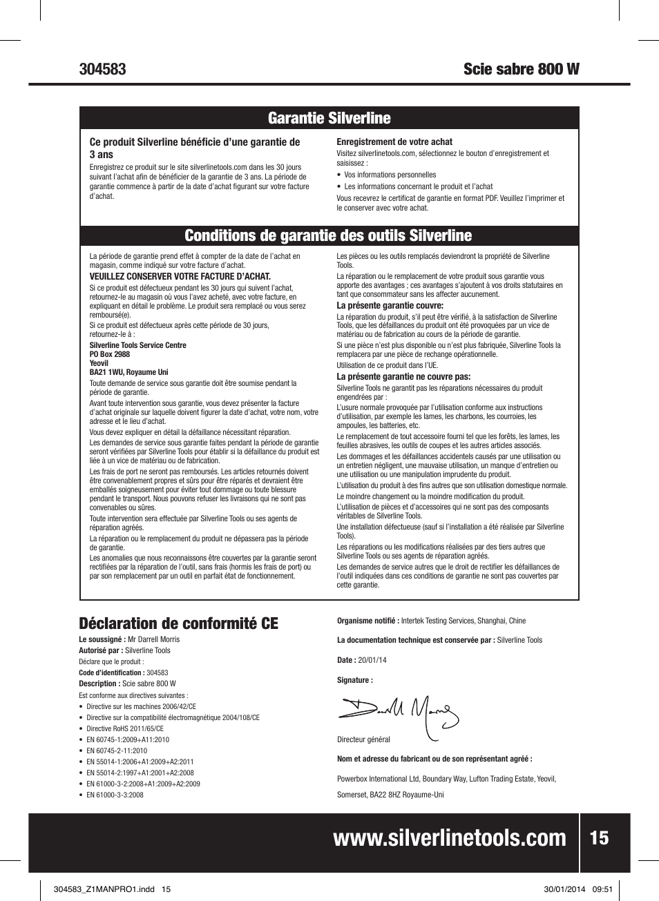 Déclaration de conformité ce | Silverline 800W Reciprocating Saw 115mm User Manual | Page 16 / 40