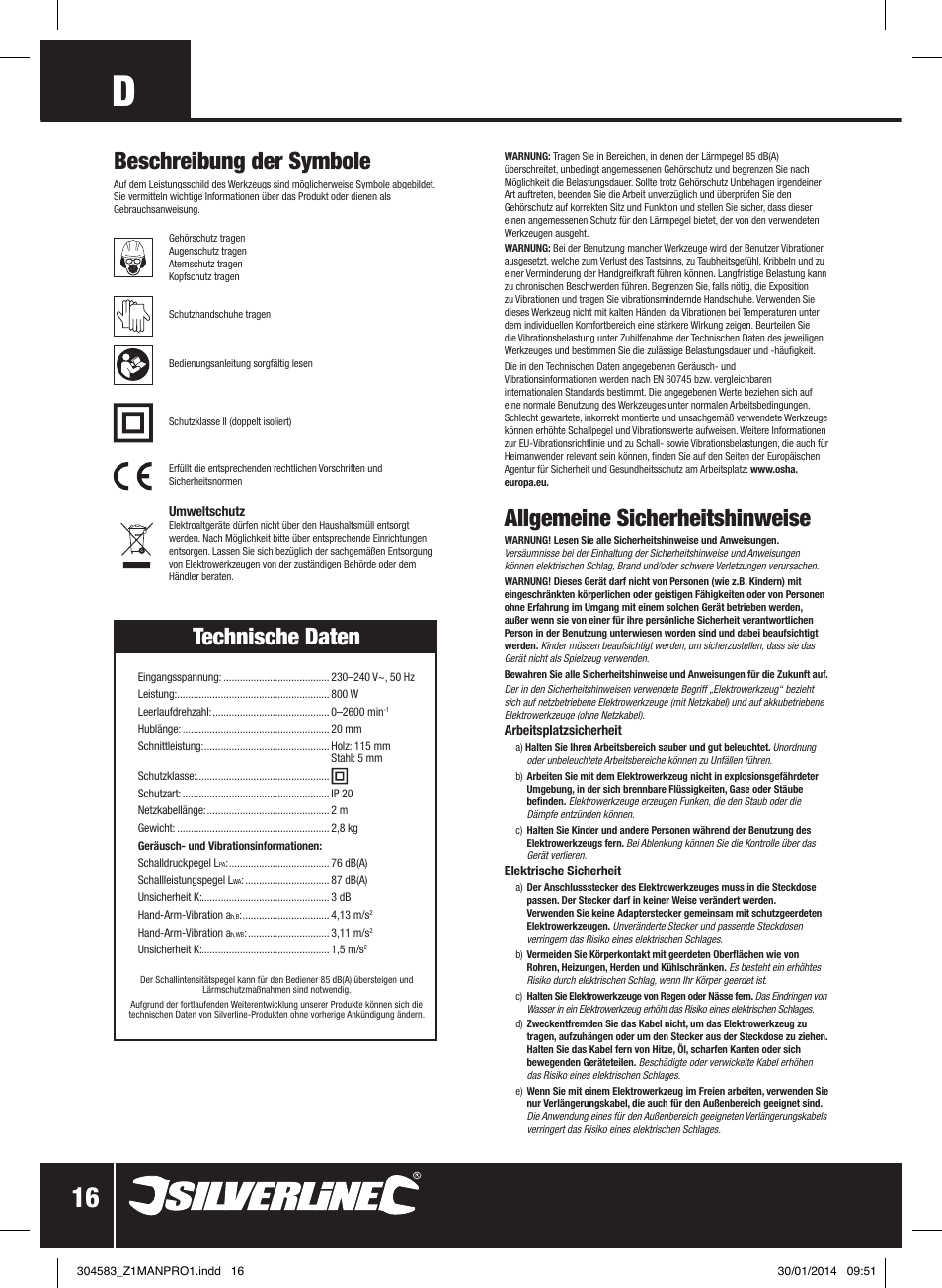 Allgemeine sicherheitshinweise, Beschreibung der symbole, Technische daten | Silverline 800W Reciprocating Saw 115mm User Manual | Page 17 / 40