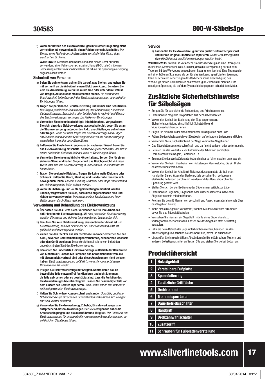 Zusätzliche sicherheitshinweise für säbelsägen, Produktübersicht | Silverline 800W Reciprocating Saw 115mm User Manual | Page 18 / 40