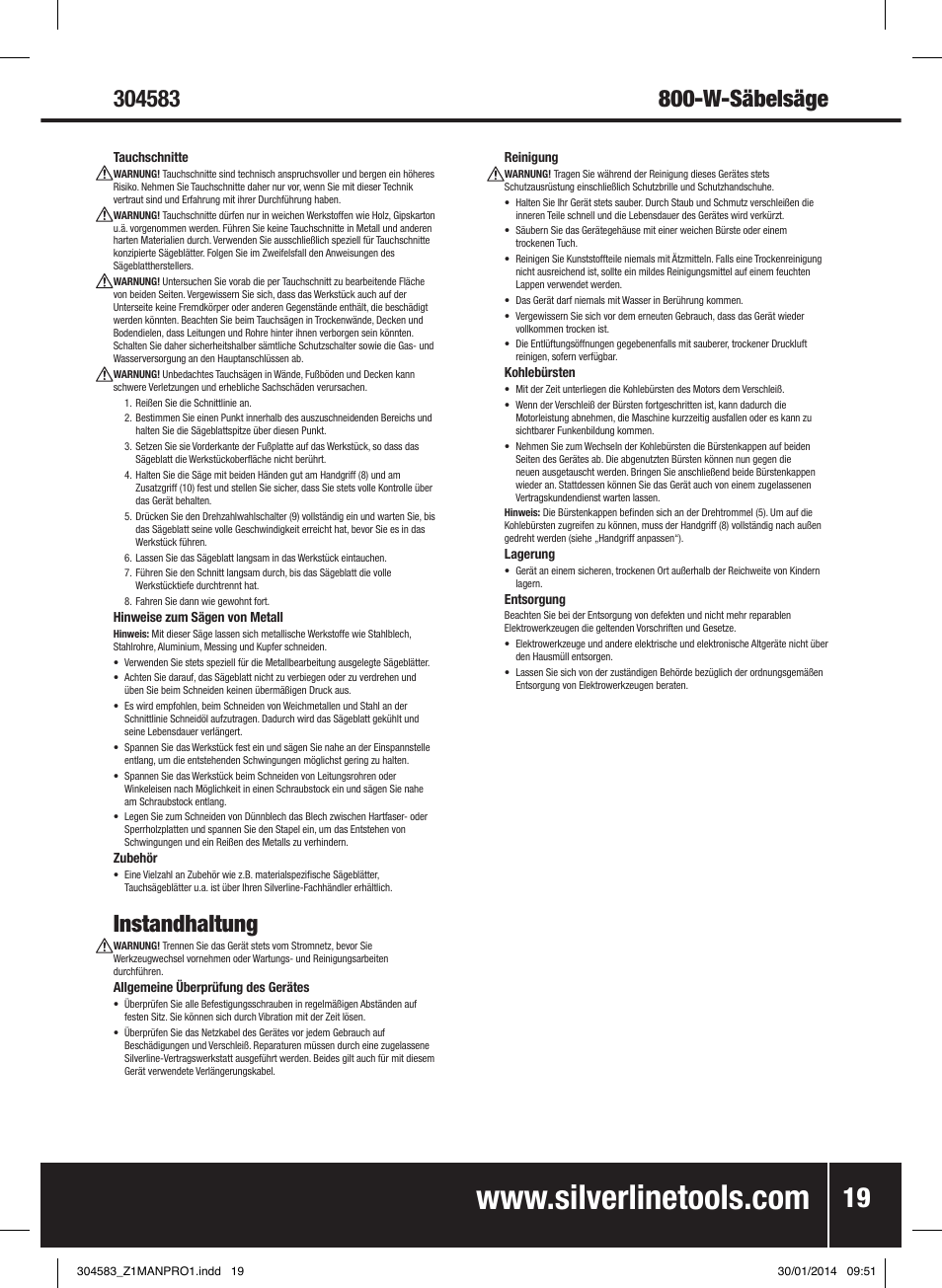 Instandhaltung | Silverline 800W Reciprocating Saw 115mm User Manual | Page 20 / 40