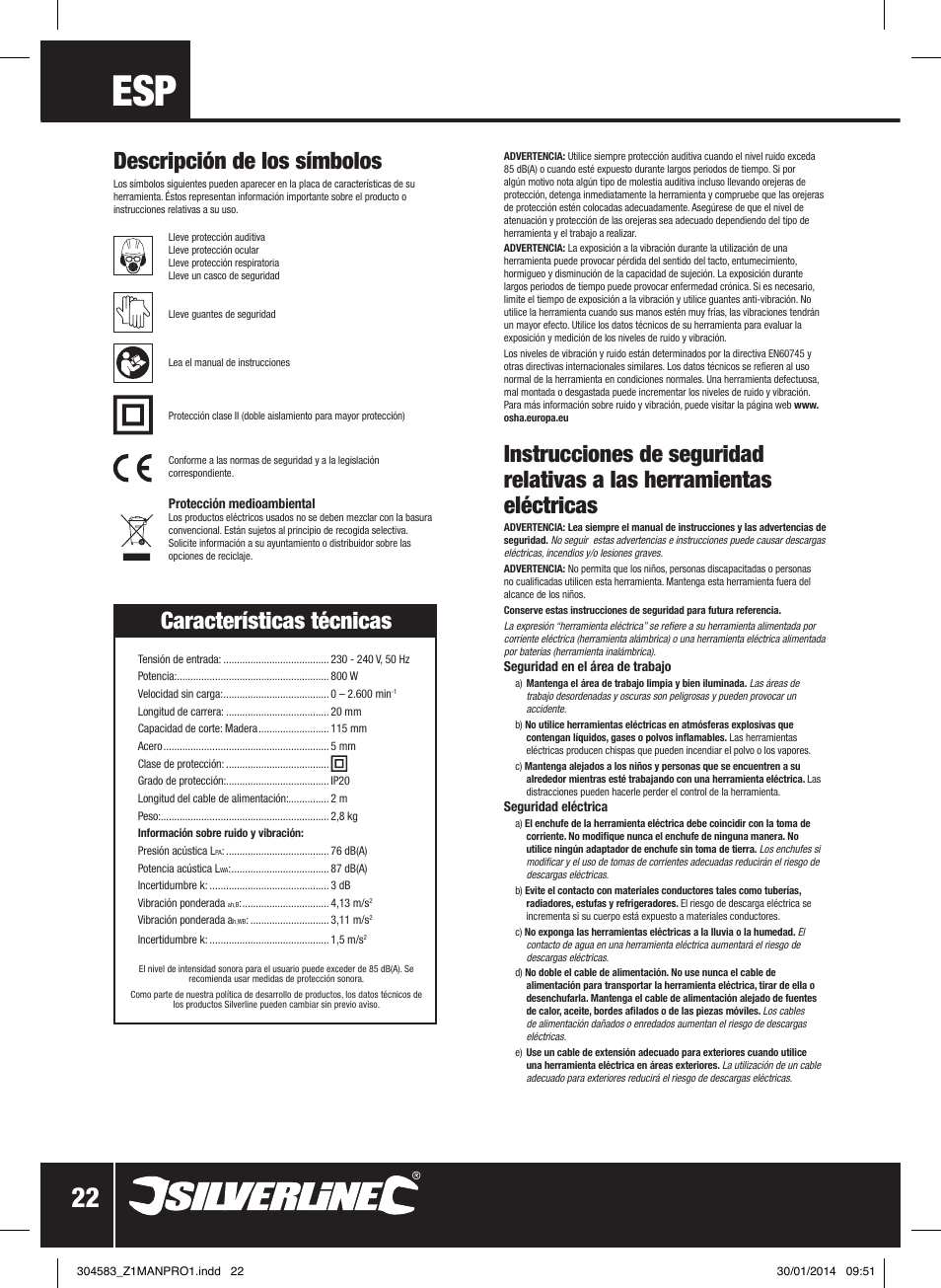 Descripción de los símbolos, Características técnicas | Silverline 800W Reciprocating Saw 115mm User Manual | Page 23 / 40