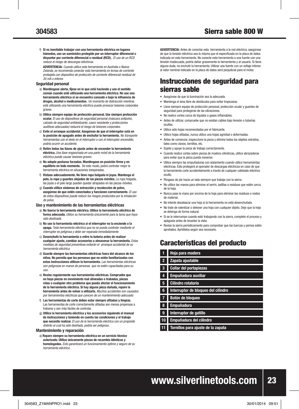 Instrucciones de seguridad para sierras sable, Características del producto | Silverline 800W Reciprocating Saw 115mm User Manual | Page 24 / 40