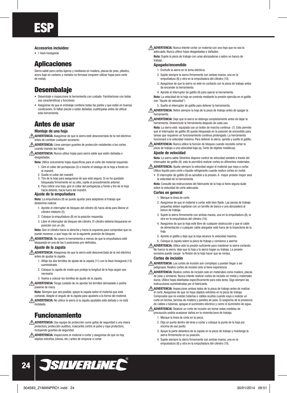 Aplicaciones, Desembalaje, Antes de usar | Funcionamiento | Silverline 800W Reciprocating Saw 115mm User Manual | Page 25 / 40