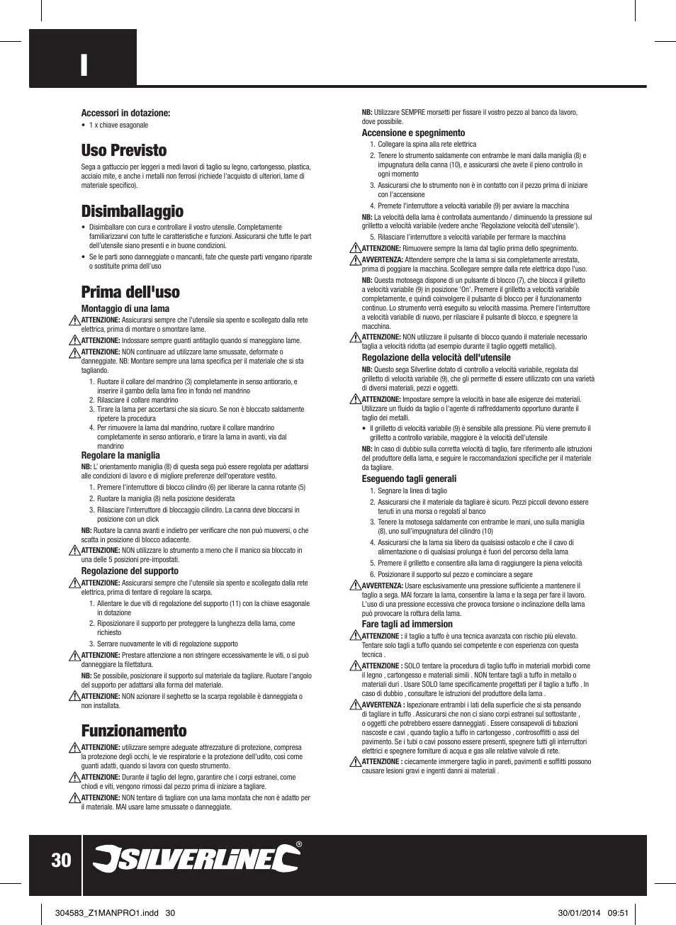 Uso previsto, Disimballaggio, Prima dell'uso | Funzionamento | Silverline 800W Reciprocating Saw 115mm User Manual | Page 31 / 40