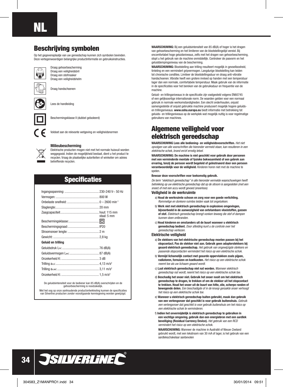 Algemene veiligheid voor elektrisch gereedschap, Beschrijving symbolen, Specificaties | Silverline 800W Reciprocating Saw 115mm User Manual | Page 35 / 40