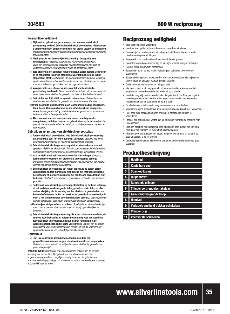 Reciprozaag veiligheid, Productbeschrijving | Silverline 800W Reciprocating Saw 115mm User Manual | Page 36 / 40