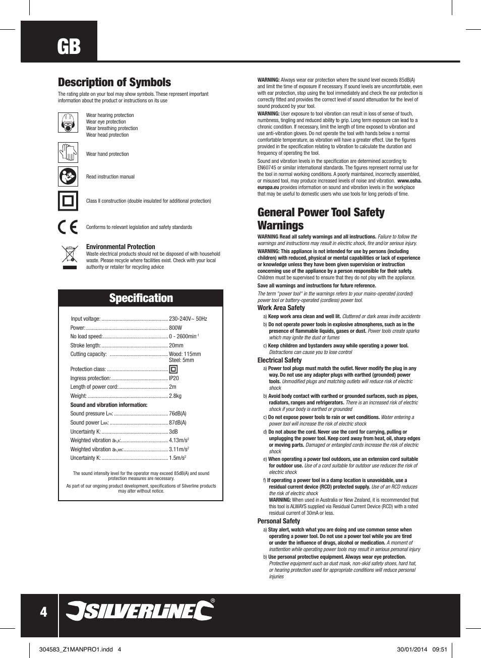 General power tool safety warnings, Description of symbols, Specification | Silverline 800W Reciprocating Saw 115mm User Manual | Page 5 / 40