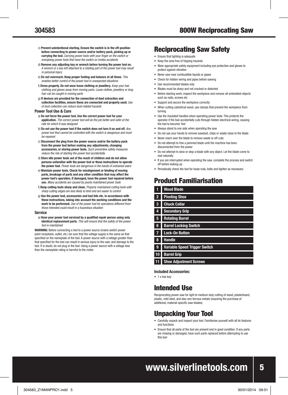 Reciprocating saw safety, Product familiarisation, Intended use | Unpacking your tool | Silverline 800W Reciprocating Saw 115mm User Manual | Page 6 / 40