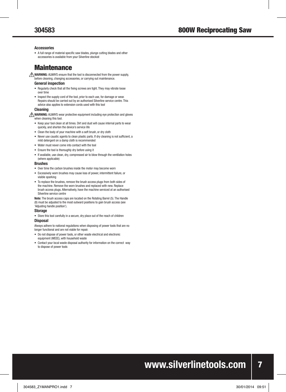 Maintenance | Silverline 800W Reciprocating Saw 115mm User Manual | Page 8 / 40