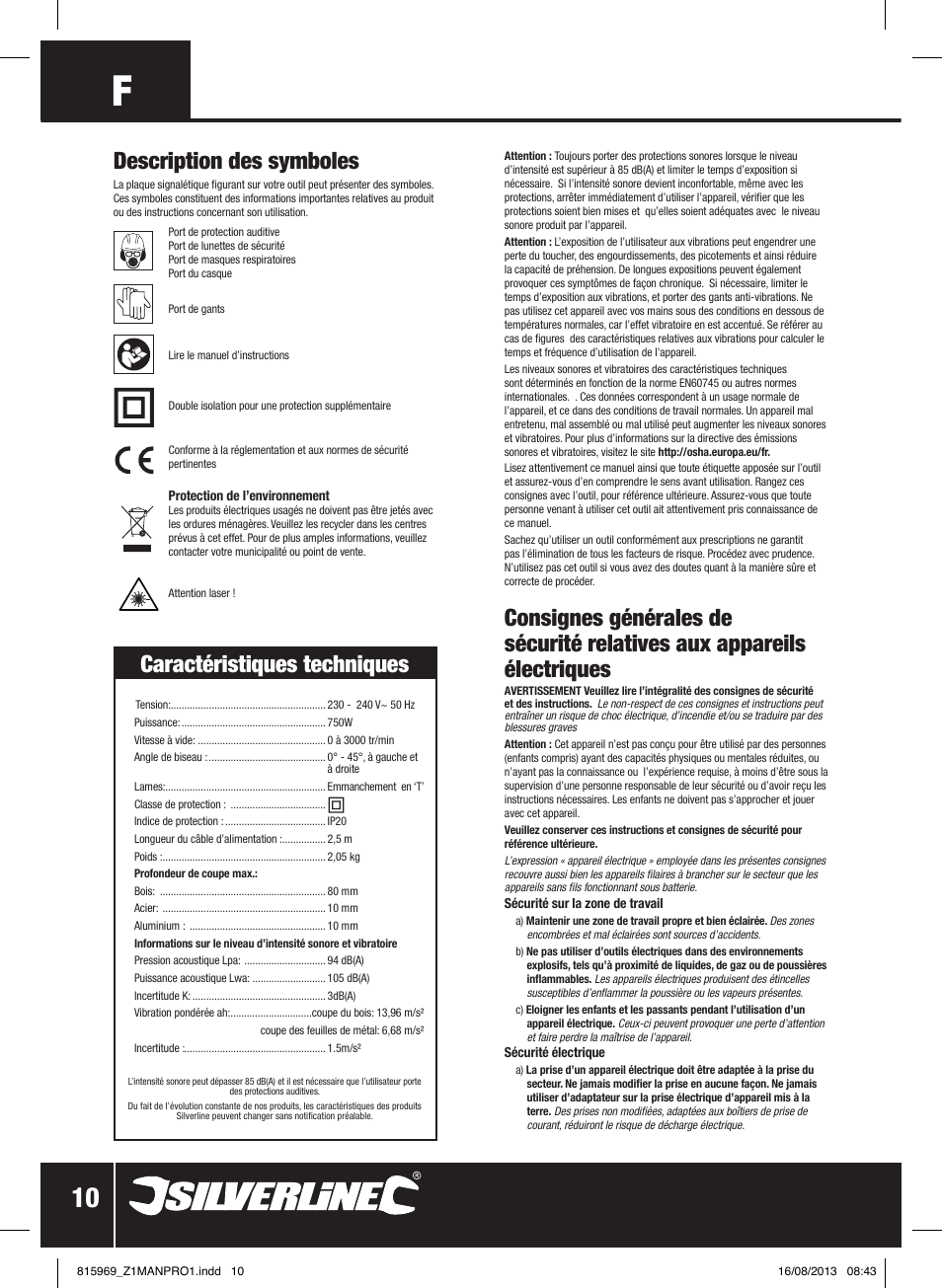 Description des symboles, Caractéristiques techniques | Silverline 710W Laser Jigsaw User Manual | Page 11 / 40