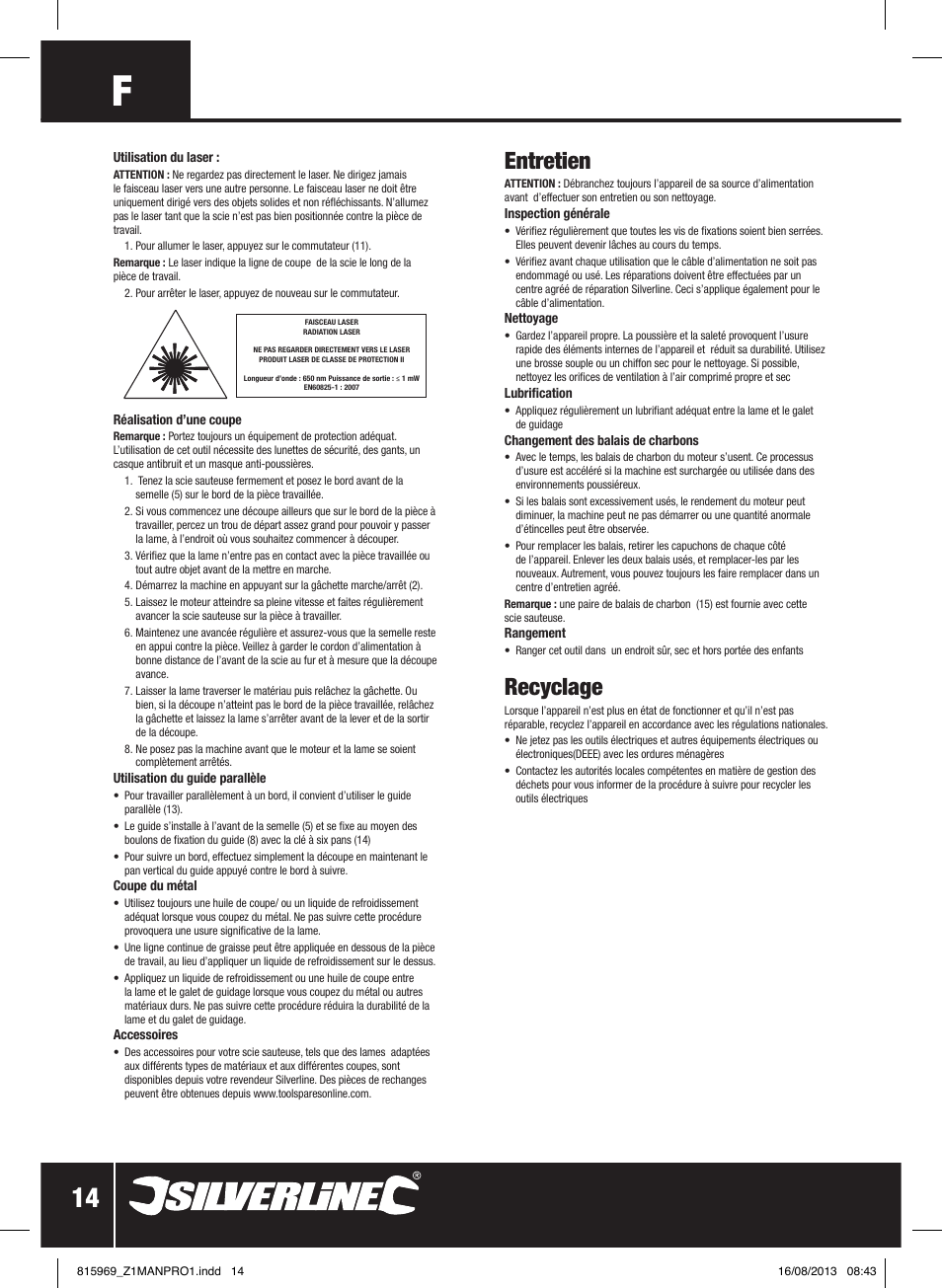 Entretien, Recyclage | Silverline 710W Laser Jigsaw User Manual | Page 15 / 40