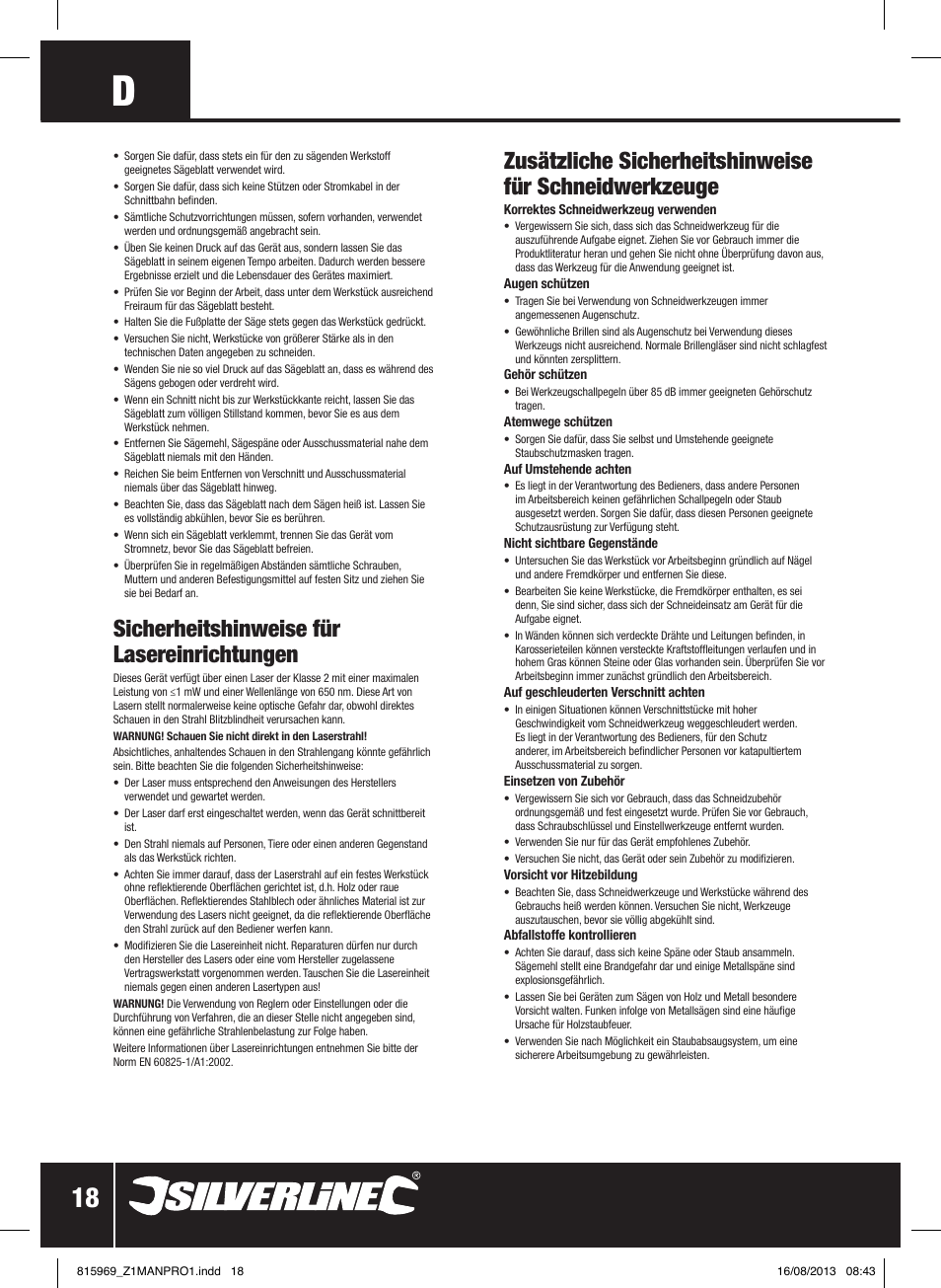 Sicherheitshinweise für lasereinrichtungen | Silverline 710W Laser Jigsaw User Manual | Page 19 / 40