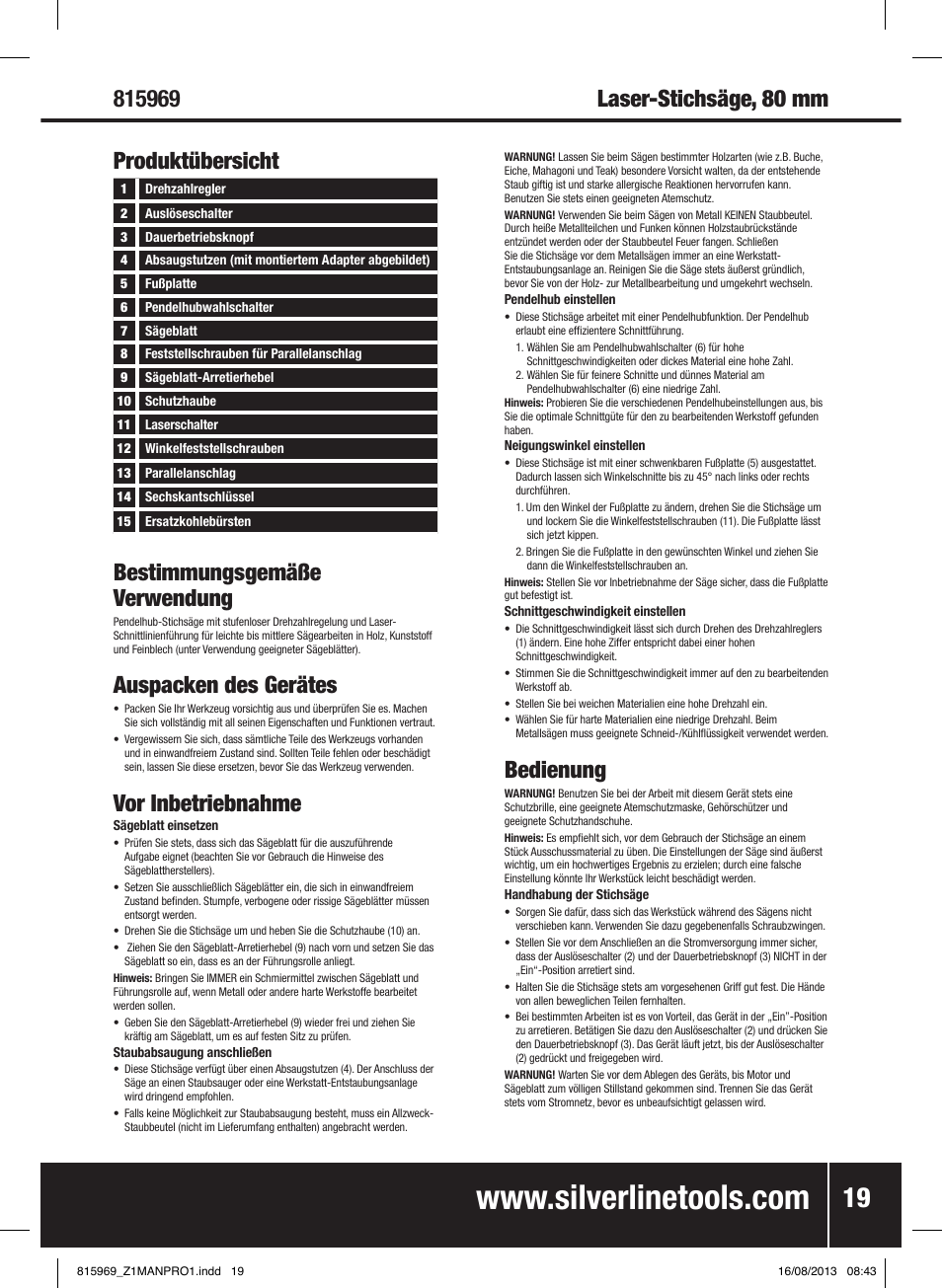 Produktübersicht bestimmungsgemäße verwendung, Auspacken des gerätes, Vor inbetriebnahme | Bedienung | Silverline 710W Laser Jigsaw User Manual | Page 20 / 40