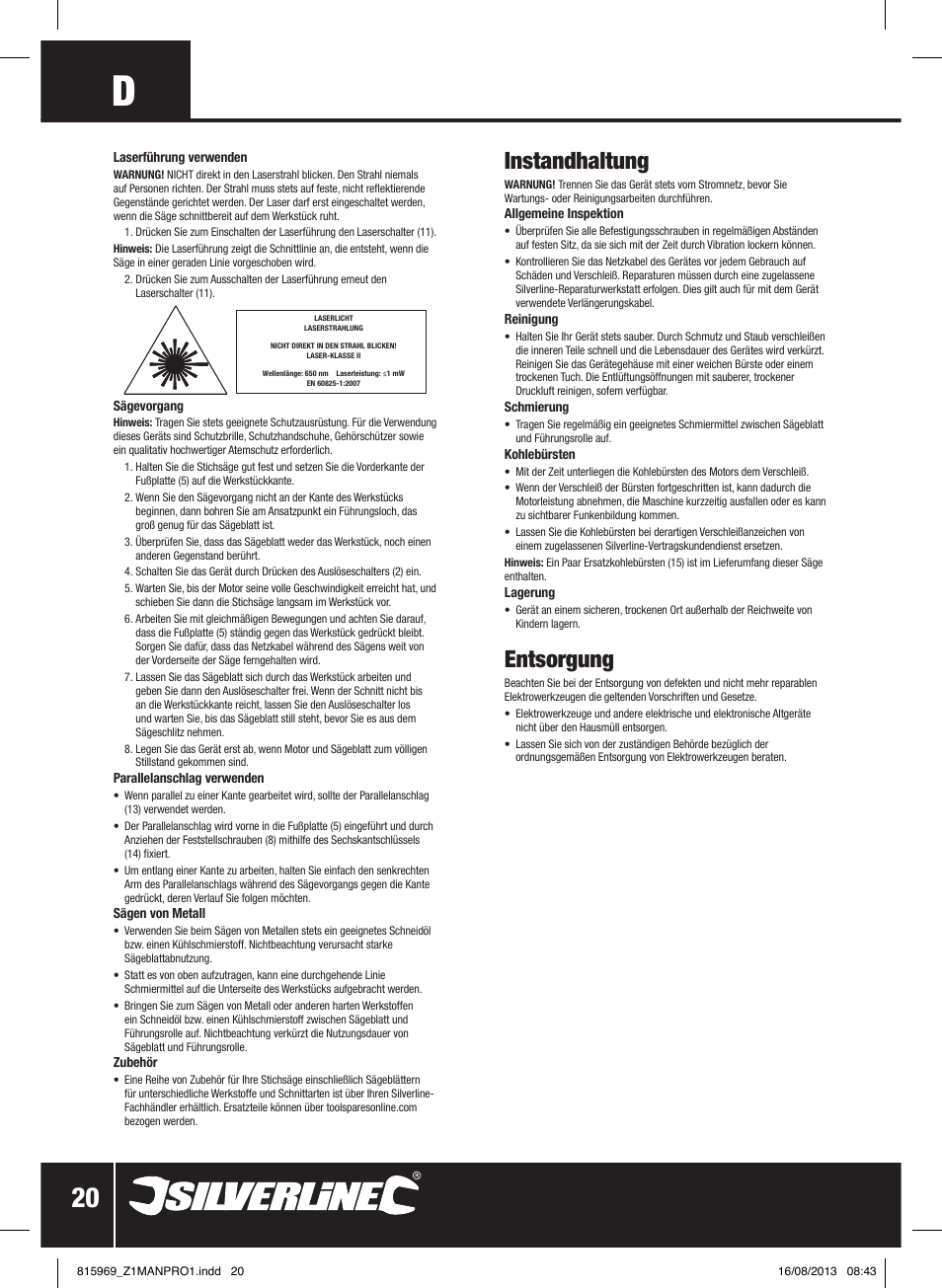 Instandhaltung, Entsorgung | Silverline 710W Laser Jigsaw User Manual | Page 21 / 40