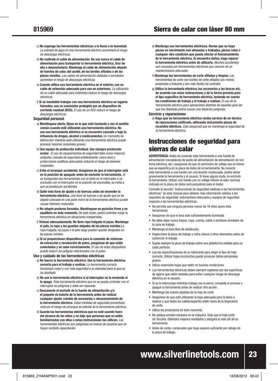 Instrucciones de seguridad para sierras de calar | Silverline 710W Laser Jigsaw User Manual | Page 24 / 40