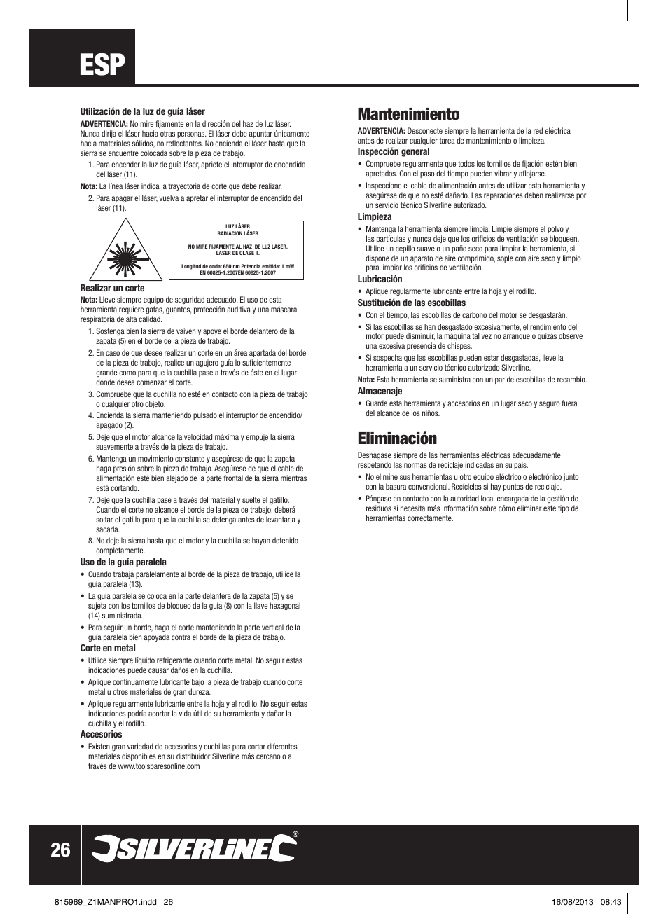 Mantenimiento, Eliminación | Silverline 710W Laser Jigsaw User Manual | Page 27 / 40