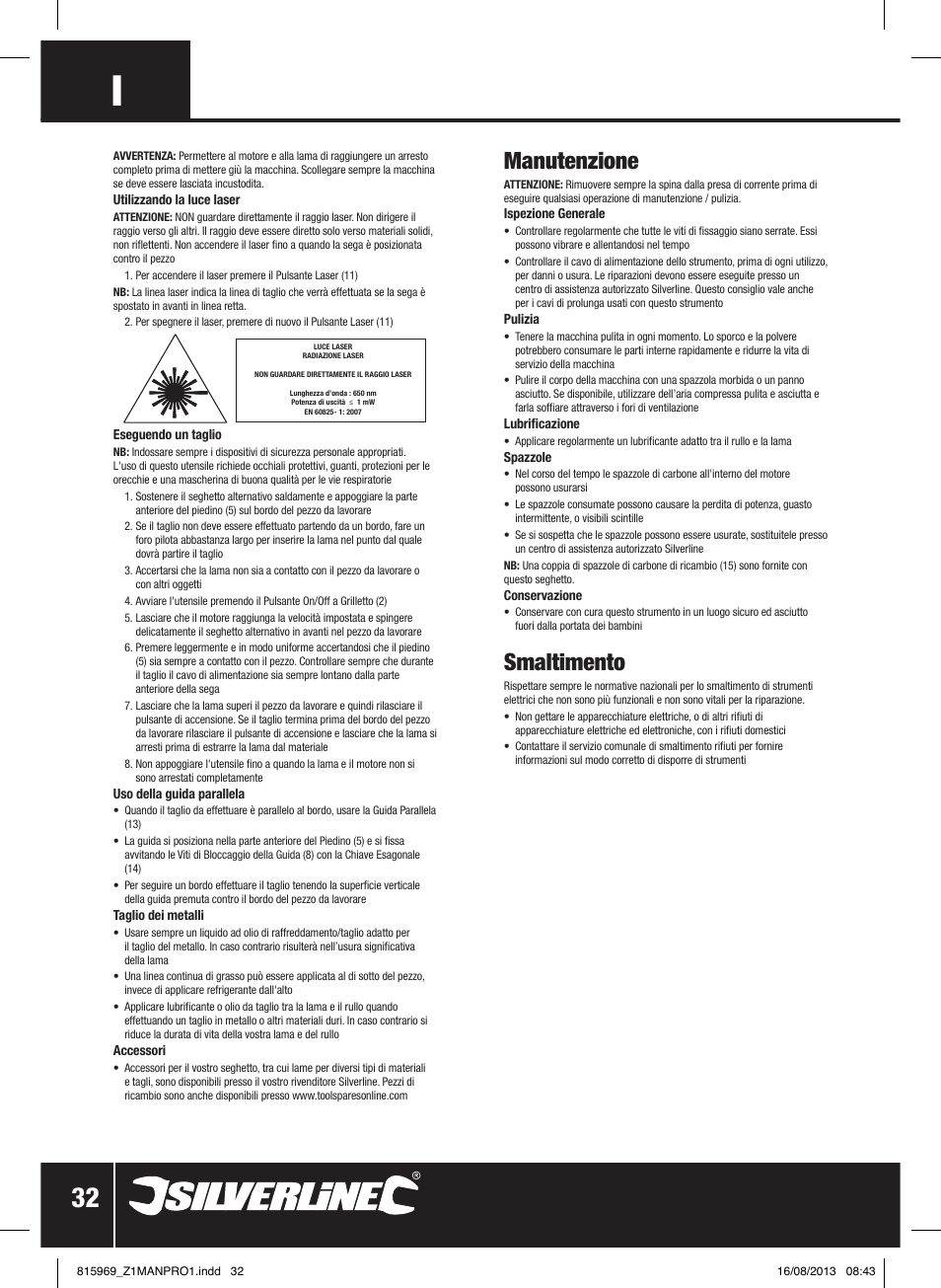 Manutenzione, Smaltimento | Silverline 710W Laser Jigsaw User Manual | Page 33 / 40