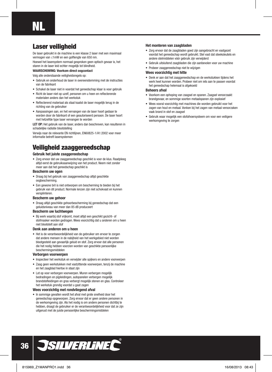 Laser veiligheid, Veiligheid zaaggereedschap | Silverline 710W Laser Jigsaw User Manual | Page 37 / 40