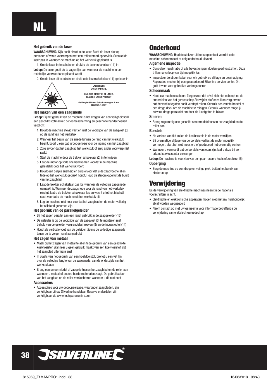 Onderhoud, Verwijdering | Silverline 710W Laser Jigsaw User Manual | Page 39 / 40