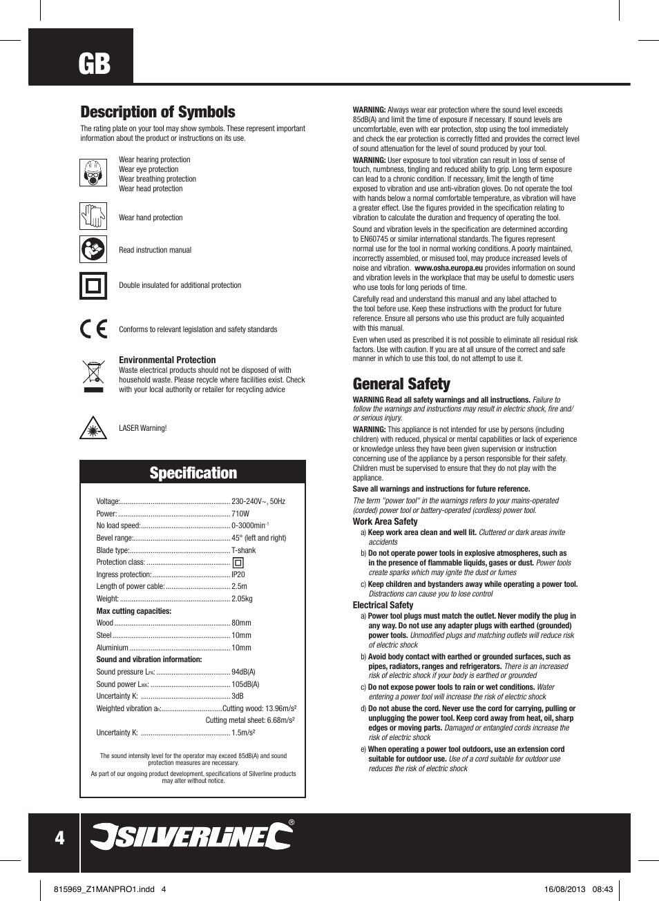 General safety, Description of symbols, Specification | Silverline 710W Laser Jigsaw User Manual | Page 5 / 40