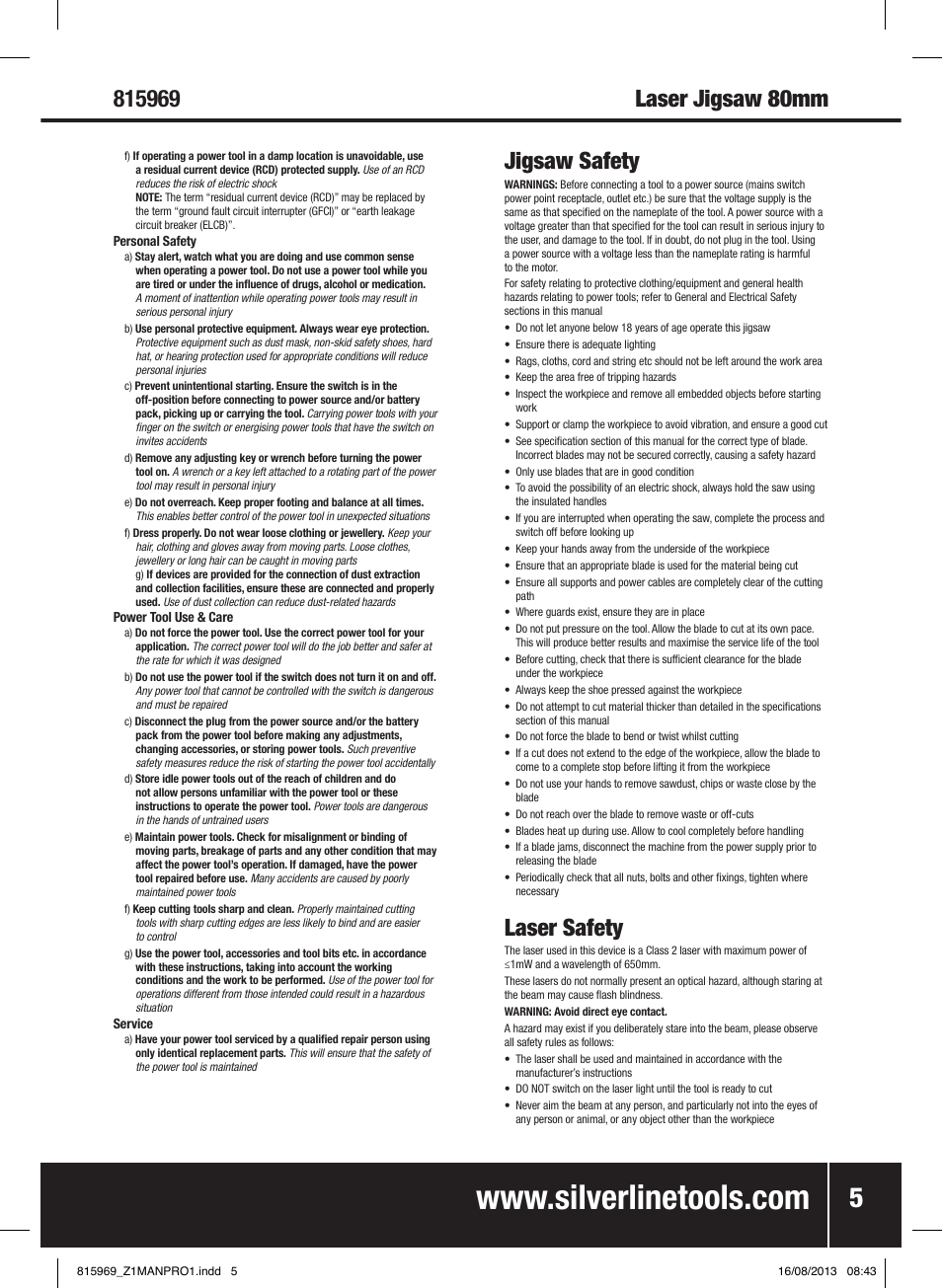 Jigsaw safety, Laser safety | Silverline 710W Laser Jigsaw User Manual | Page 6 / 40