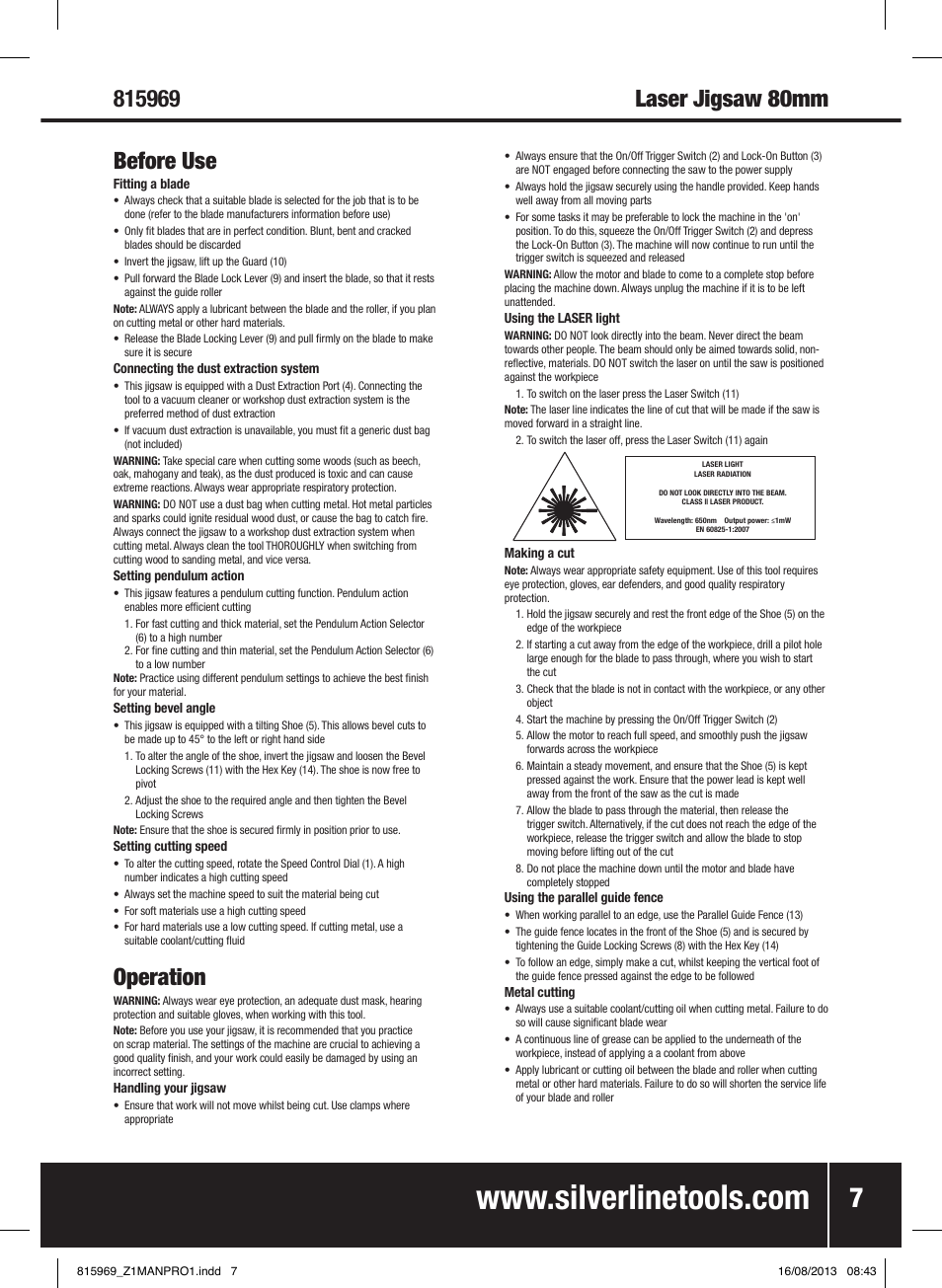 Before use, Operation | Silverline 710W Laser Jigsaw User Manual | Page 8 / 40