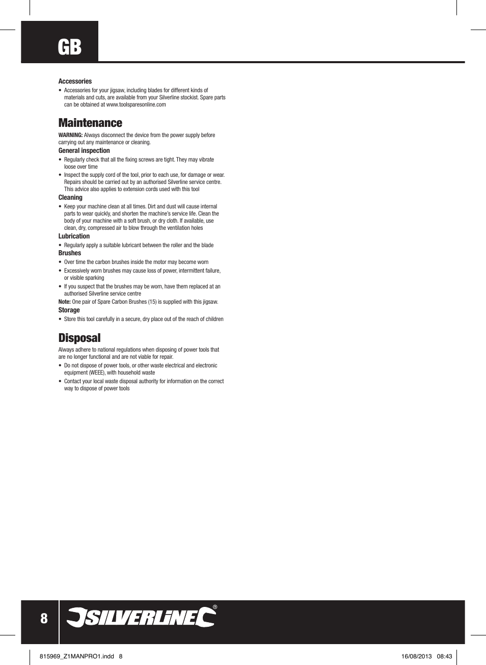 Maintenance, Disposal | Silverline 710W Laser Jigsaw User Manual | Page 9 / 40