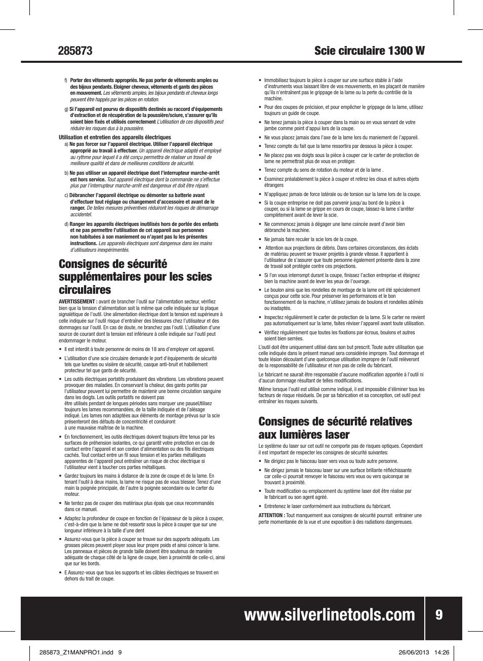 Consignes de sécurité relatives aux lumières laser | Silverline 1300W Circular Saw with Laser Guide 185mm User Manual | Page 10 / 28