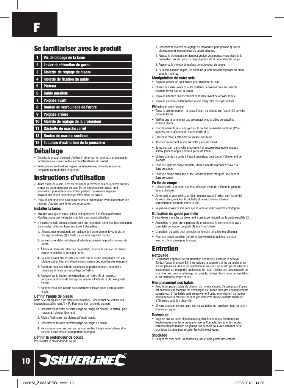 Déballage, Instructions d’utilisation, Entretien | Se familiariser avec le produit | Silverline 1300W Circular Saw with Laser Guide 185mm User Manual | Page 11 / 28