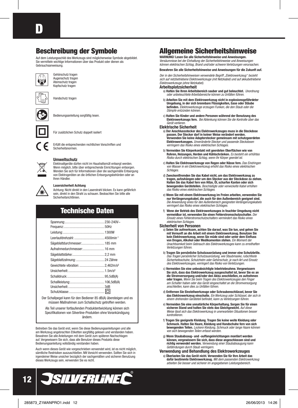 Technische daten, Allgemeine sicherheitshinweise, Beschreibung der symbole | Silverline 1300W Circular Saw with Laser Guide 185mm User Manual | Page 13 / 28