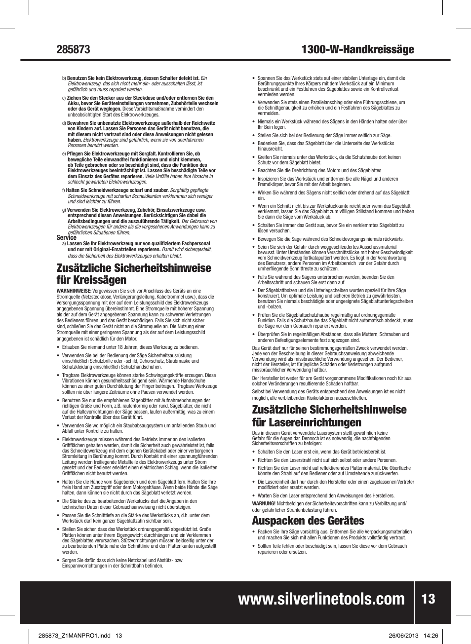 Zusätzliche sicherheitshinweise für kreissägen, Auspacken des gerätes | Silverline 1300W Circular Saw with Laser Guide 185mm User Manual | Page 14 / 28