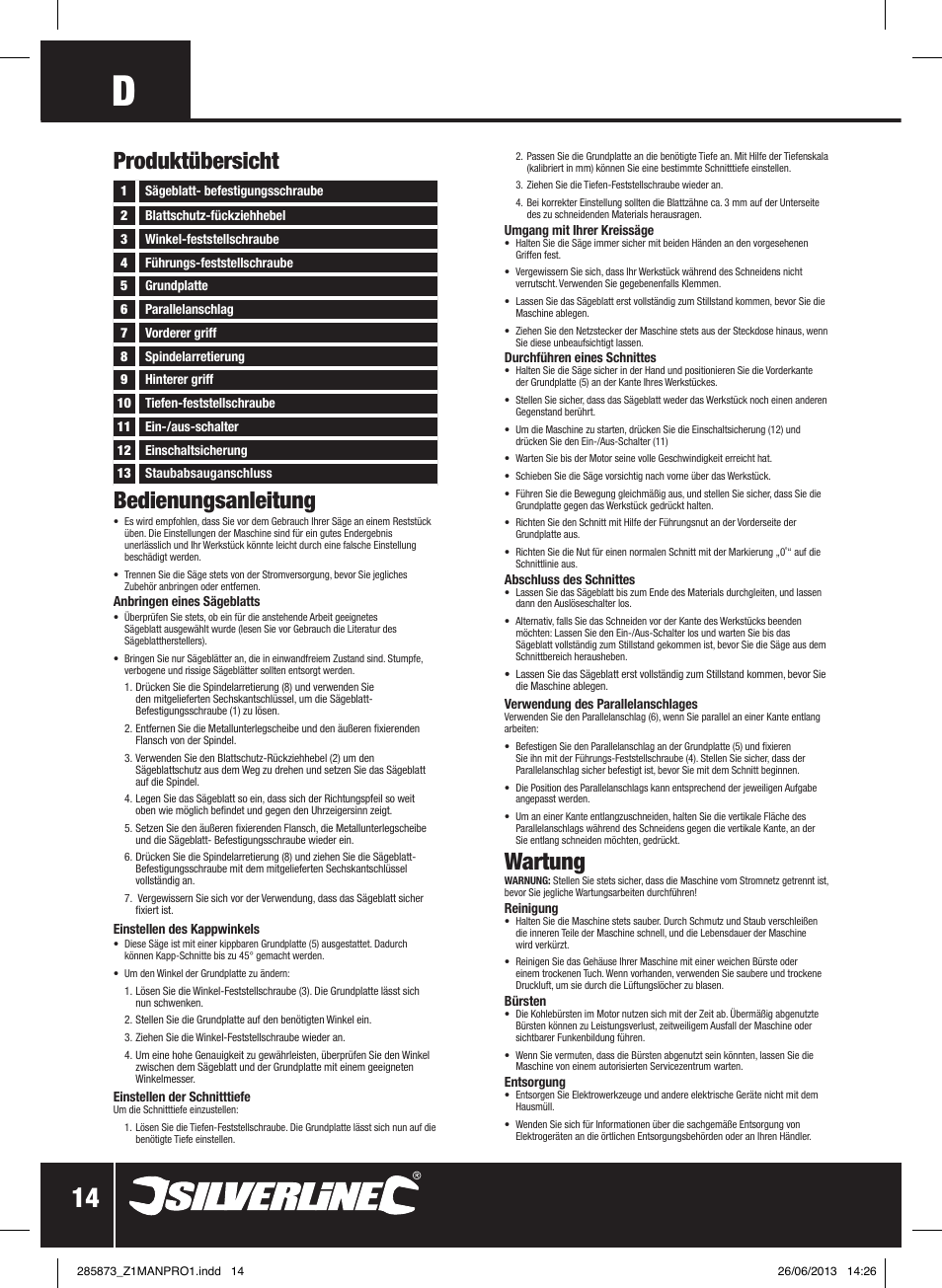 Bedienungsanleitung, Wartung, Produktübersicht | Silverline 1300W Circular Saw with Laser Guide 185mm User Manual | Page 15 / 28