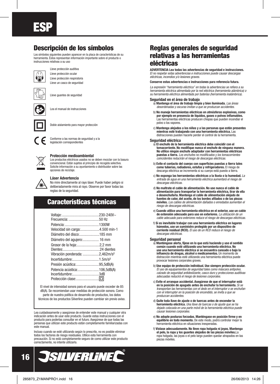 Características técnicas, Descripción de los símbolos | Silverline 1300W Circular Saw with Laser Guide 185mm User Manual | Page 17 / 28