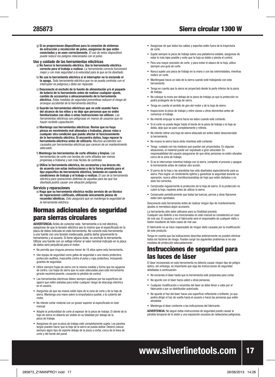 Instrucciones de seguridad para las luces de láser | Silverline 1300W Circular Saw with Laser Guide 185mm User Manual | Page 18 / 28