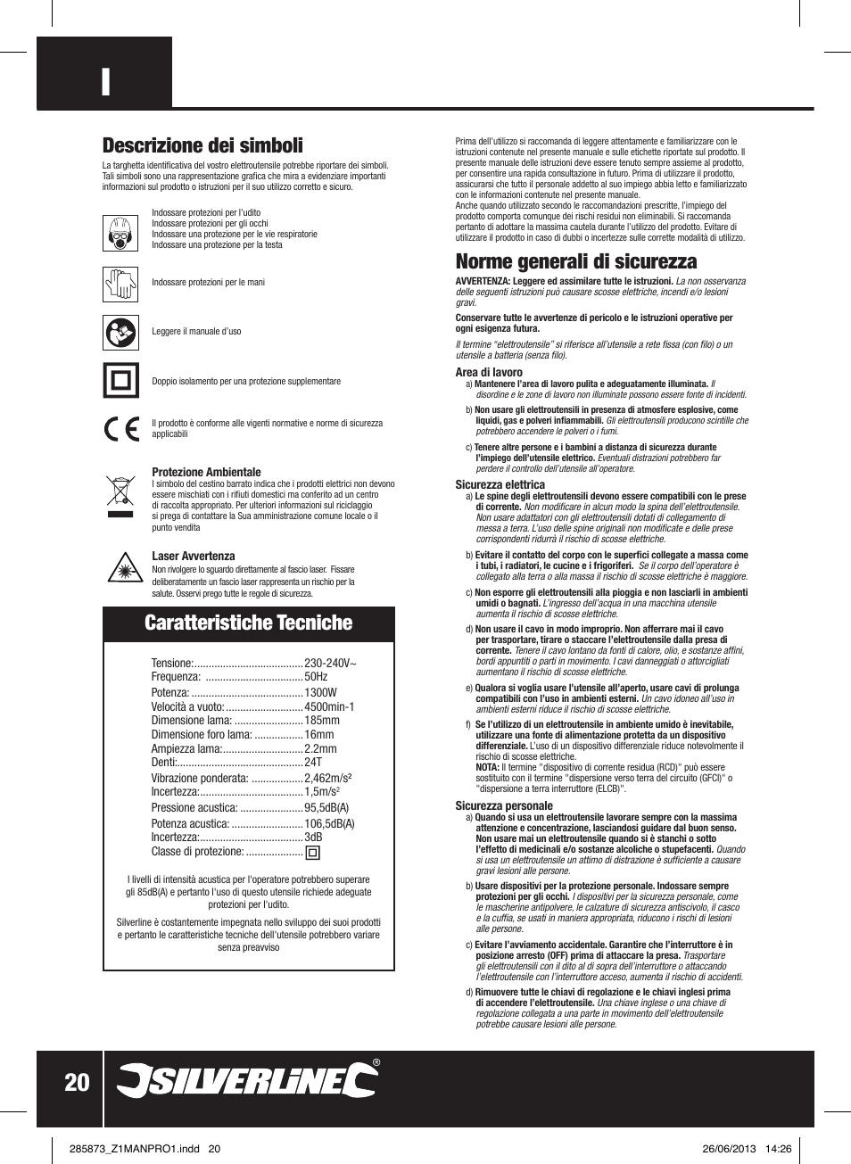 Caratteristiche tecniche, Norme generali di sicurezza, Descrizione dei simboli | Silverline 1300W Circular Saw with Laser Guide 185mm User Manual | Page 21 / 28