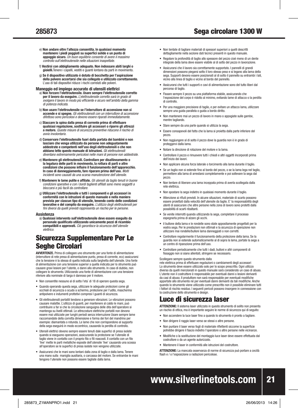Sicurezza supplementare per le seghe circolari, Luce di sicurezza laser | Silverline 1300W Circular Saw with Laser Guide 185mm User Manual | Page 22 / 28