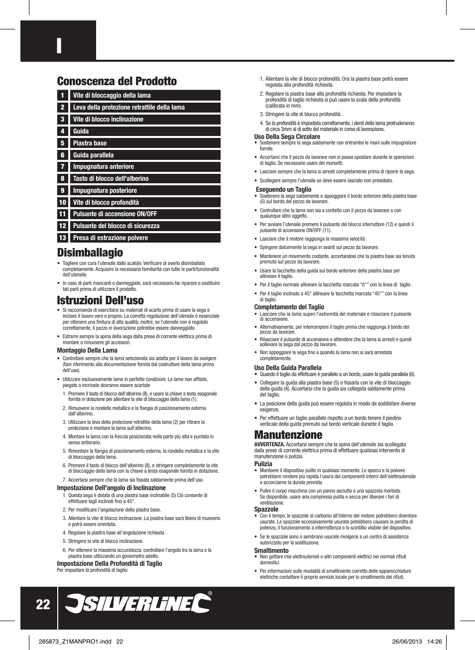 Istruzioni dell’uso, Manutenzione, Conoscenza del prodotto disimballagio | Silverline 1300W Circular Saw with Laser Guide 185mm User Manual | Page 23 / 28