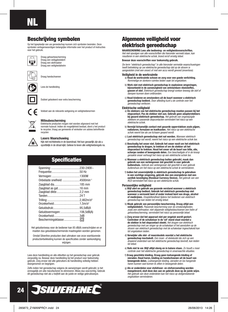 Specificaties, Algemene veiligheid voor elektrisch gereedschap, Beschrijving symbolen | Silverline 1300W Circular Saw with Laser Guide 185mm User Manual | Page 25 / 28