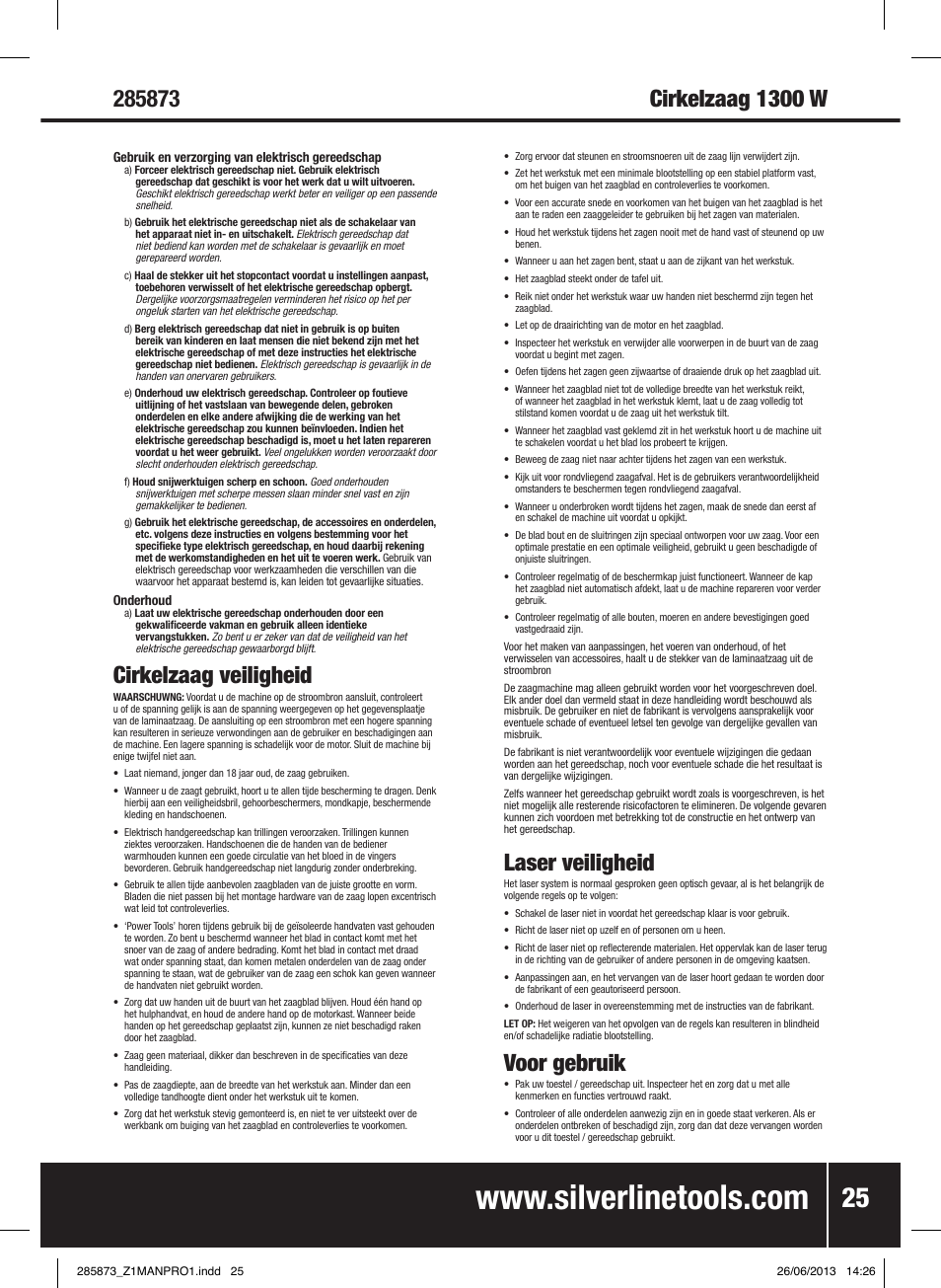 Cirkelzaag veiligheid, Laser veiligheid, Voor gebruik | Silverline 1300W Circular Saw with Laser Guide 185mm User Manual | Page 26 / 28