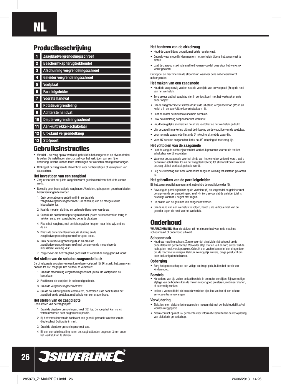 Gebruiksinstructies, Onderhoud, Productbeschrijving | Silverline 1300W Circular Saw with Laser Guide 185mm User Manual | Page 27 / 28