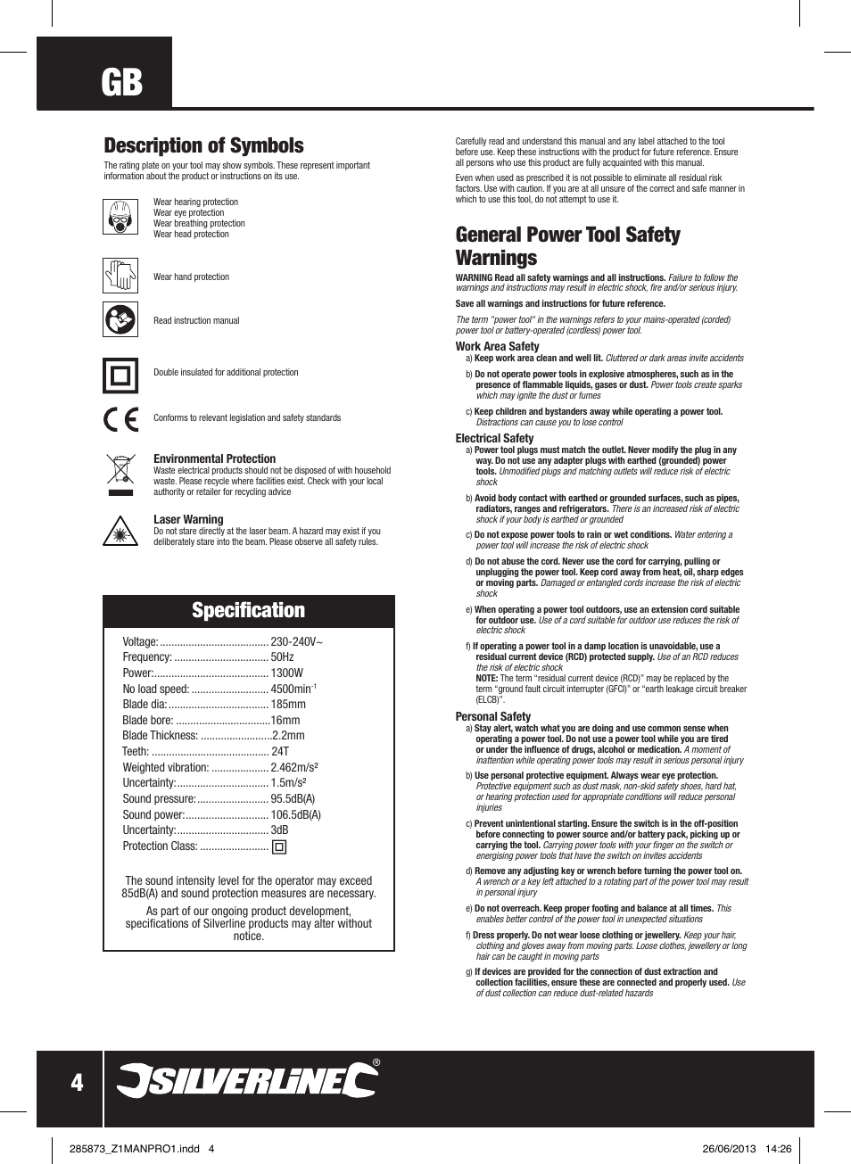 Specification, General power tool safety warnings, Description of symbols | Silverline 1300W Circular Saw with Laser Guide 185mm User Manual | Page 5 / 28