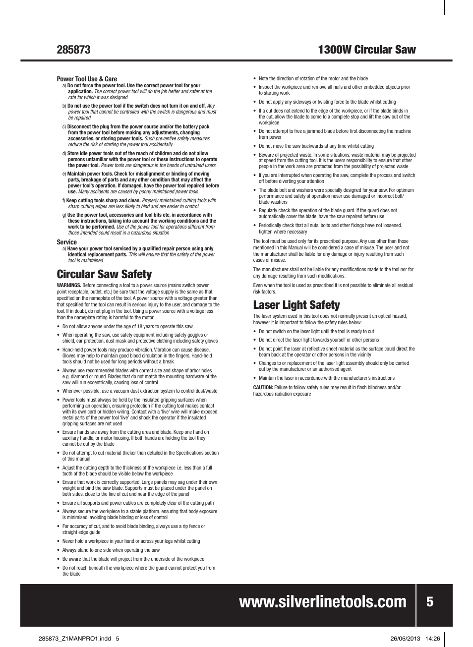 Circular saw safety, Laser light safety | Silverline 1300W Circular Saw with Laser Guide 185mm User Manual | Page 6 / 28