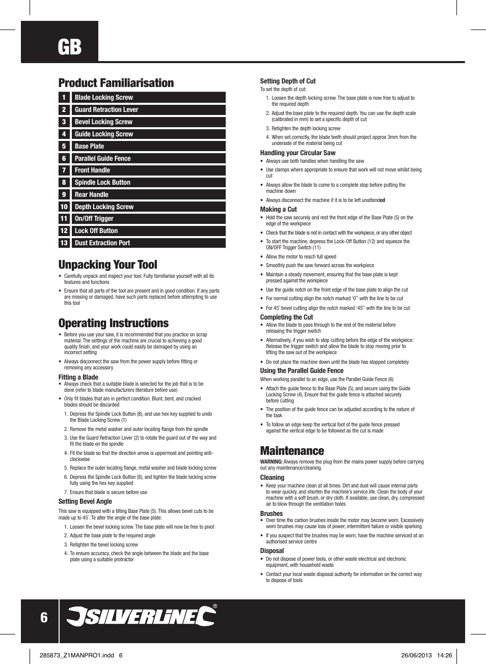 Unpacking your tool, Operating instructions, Maintenance | Product familiarisation | Silverline 1300W Circular Saw with Laser Guide 185mm User Manual | Page 7 / 28