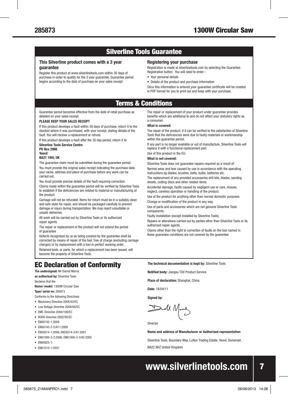 Ec declaration of conformity | Silverline 1300W Circular Saw with Laser Guide 185mm User Manual | Page 8 / 28