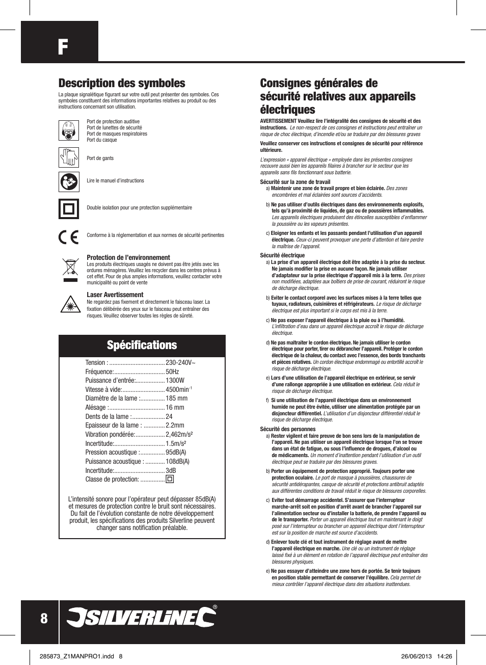 Spécifications, Description des symboles | Silverline 1300W Circular Saw with Laser Guide 185mm User Manual | Page 9 / 28